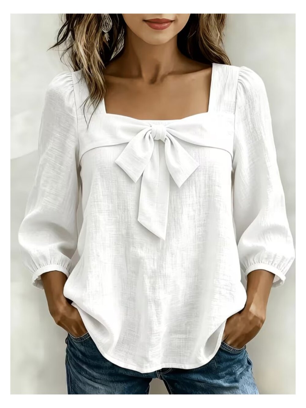 NWT Size 14 White Square Neck Bow Tie Front Puff Sleeve Polyester Blouse
